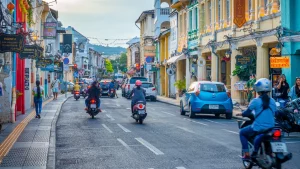 morning traffic on the street in Phuket Town