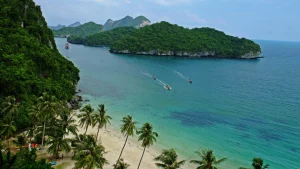 palm-fringed beach and azure waters in Koh Samui island